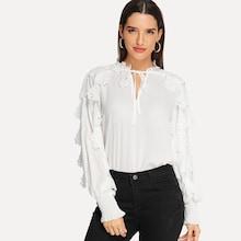 Shein Tie Neck Shirred Panel Laser Cut Top