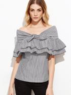 Shein Black Striped Knotted Off The Shoulder Ruffle Top