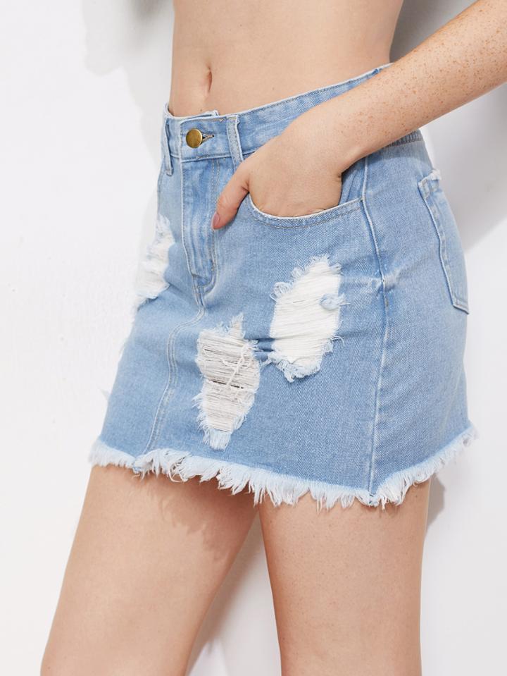 Shein Light Wash Distressed Denim Skirt