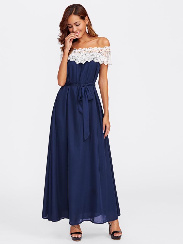 Shein Contrast Lace Bardot Neck Self Tie Dress