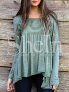 Shein Green Long Sleeve Keyhole Back Ruffle Blouse