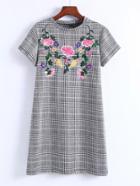 Shein Flower Embroidery Plaid Dress