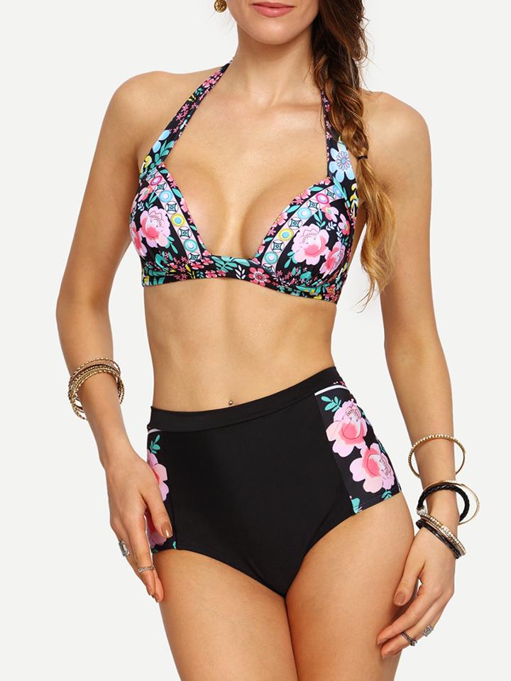 Shein Flower Print High Waist Bikini Set