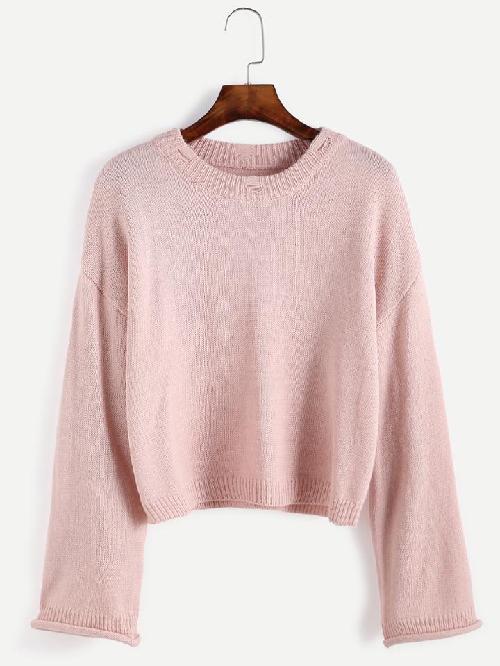 Shein Pink Ripped Collar Drop Shoulder Sweater