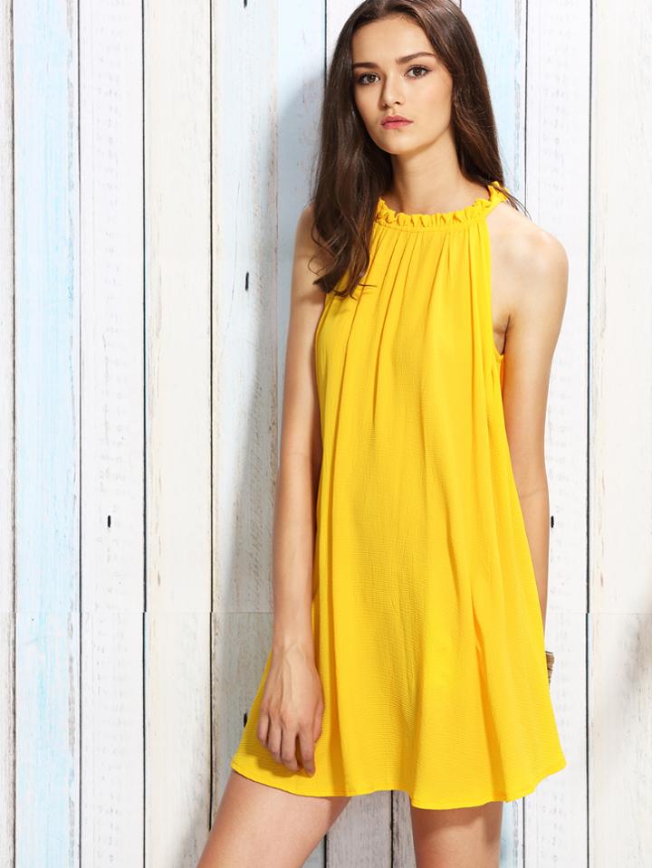 Shein Yellow Ruffle Collar Tie Back Shift Dress