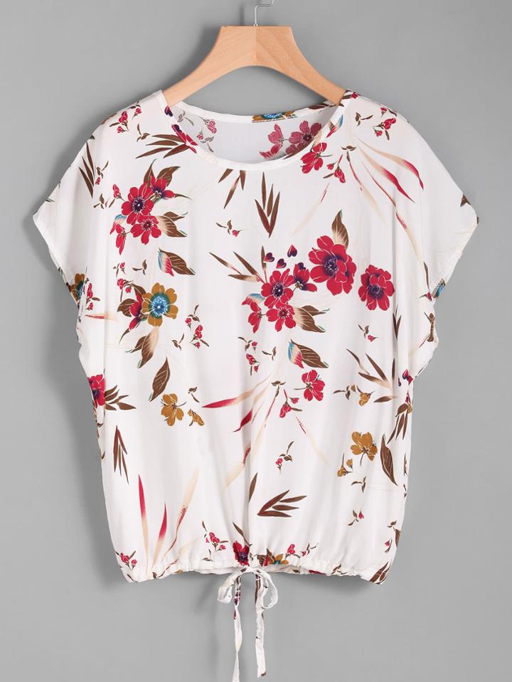 Shein Florals Batwing Sleeve Tie Front Tee
