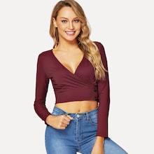 Shein Wrap Button Ribbed Knit Crop Tee