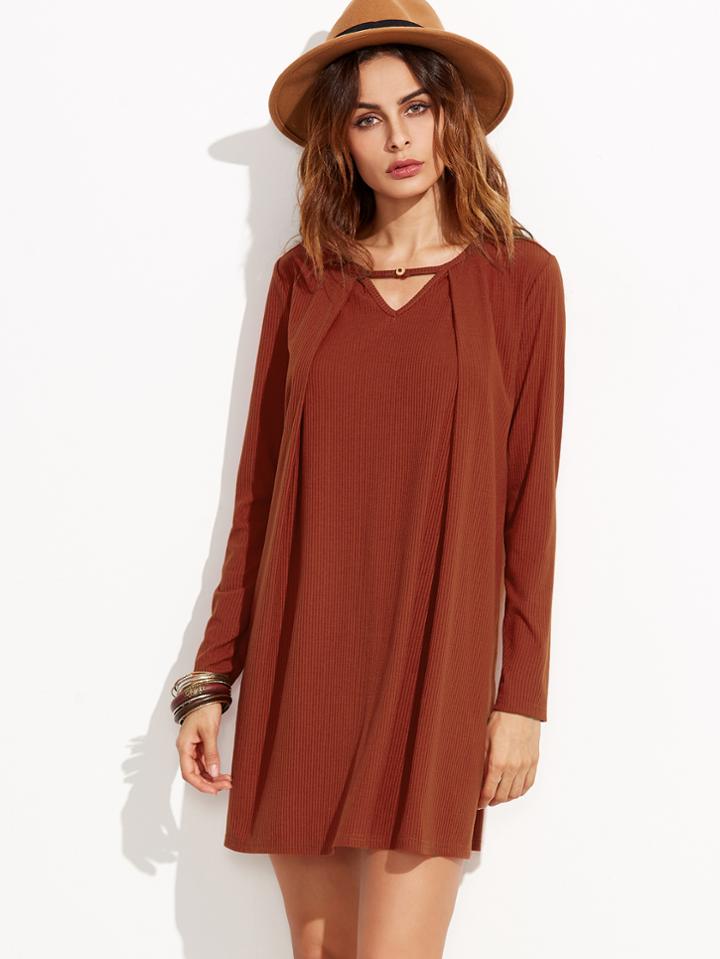 Shein Cutout V Neck Fold Over Ribbed Dress
