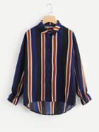 Shein Vertical Striped Frill Back Dip Hem Shirt