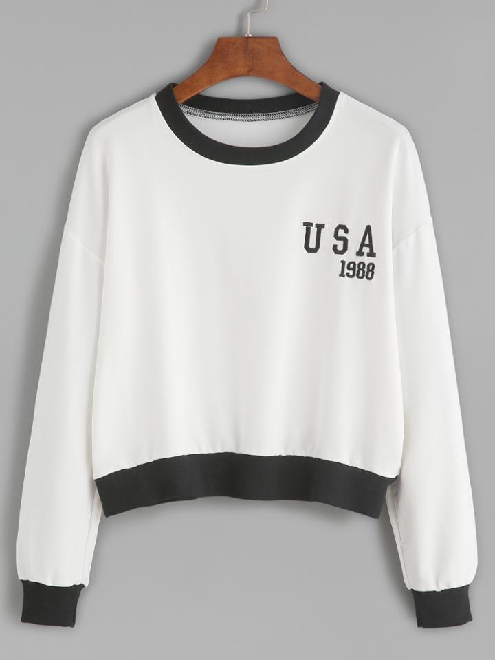 Shein White Embroidered Contrast Trim Crop Sweatshirt