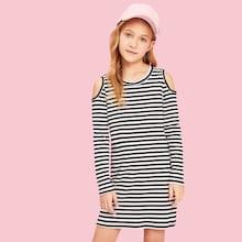 Shein Girls Cold Shoulder Striped Dress