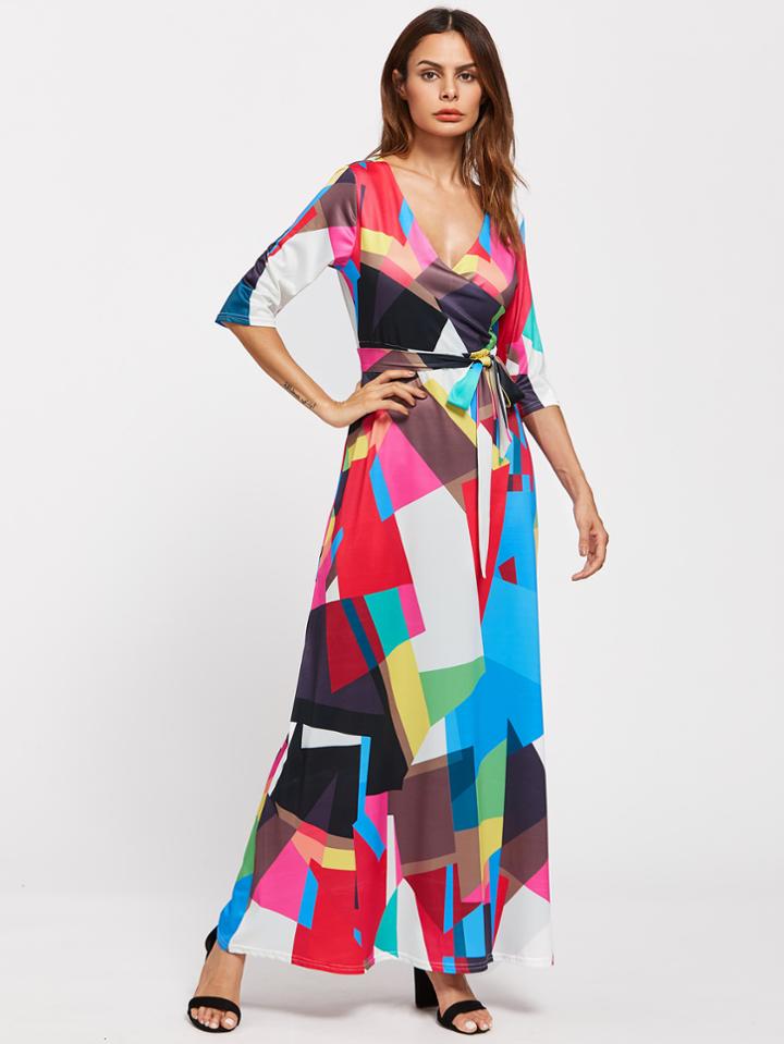 Shein Surplice Neckline Self Tie Patchwork Dress