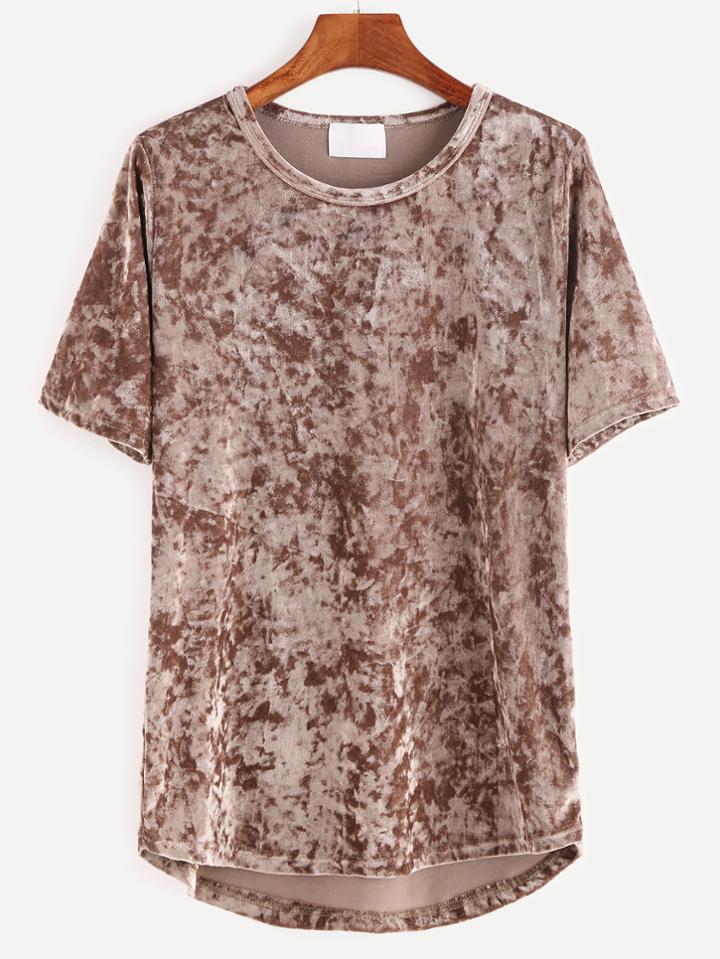 Shein Khaki Short Sleeve High Low Velvet T-shirt