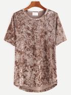 Shein Khaki Short Sleeve High Low Velvet T-shirt