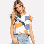 Shein Ruffle Sleeve Geo Print Blouse