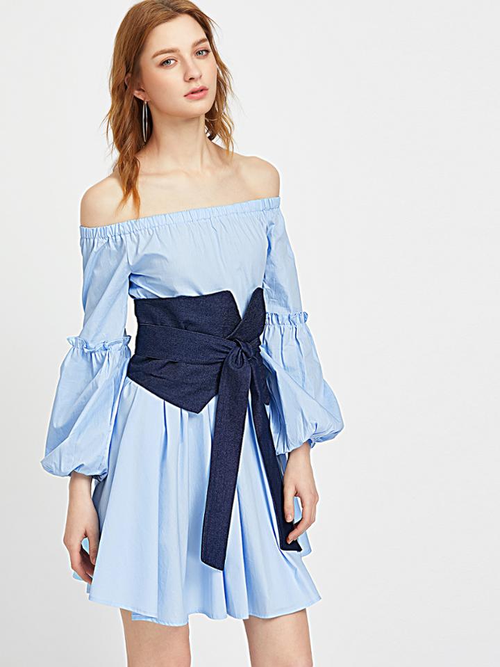Shein Off Shoulder Bishop Sleeve Dress With Obi Belt