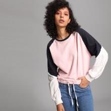 Shein Colorblock Raglan Sleeve Drawstring Hem Sweatshirt
