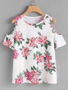 Shein Flower Print Open Shoulder Slub Tee