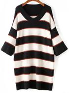 Shein White Contrast Striped Three Quarter Length Sleeve Knit Dress