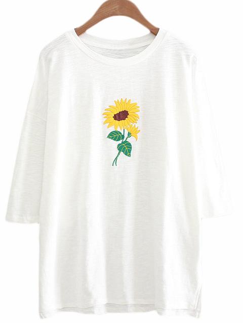 Shein White Dip Hem Sunflower Embroidery T-shirt