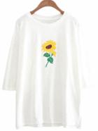 Shein White Dip Hem Sunflower Embroidery T-shirt