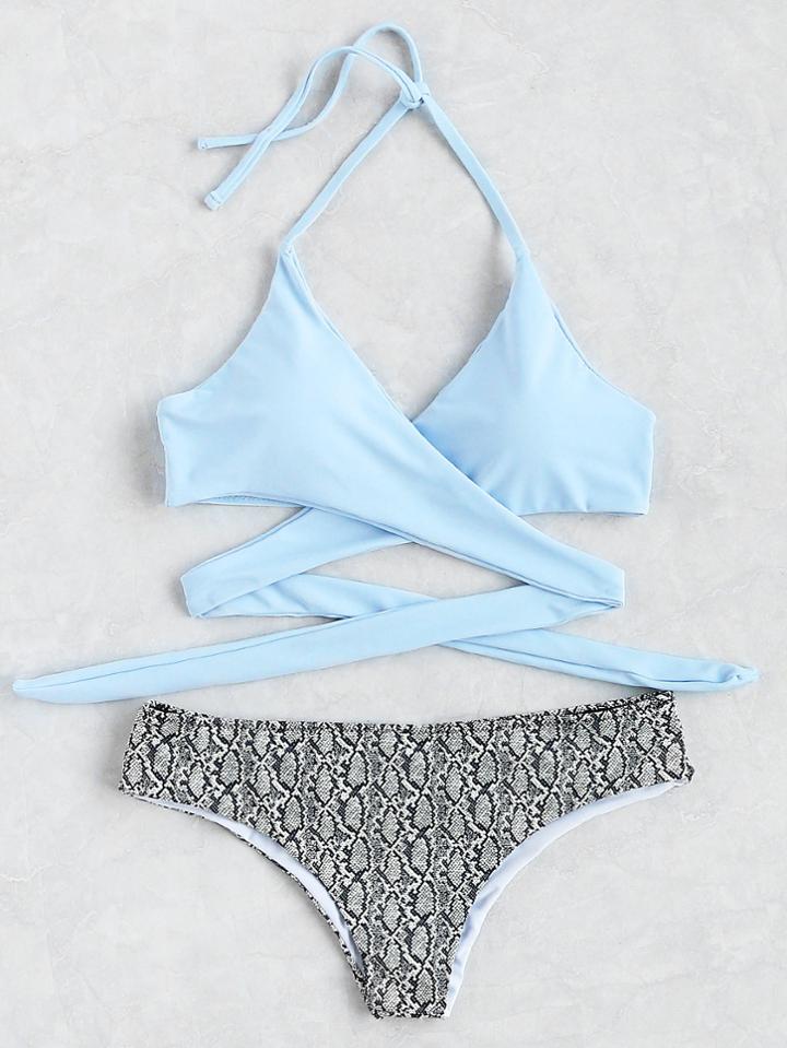Shein Snake Print Halter Wrap Knotted Back Bikini Set