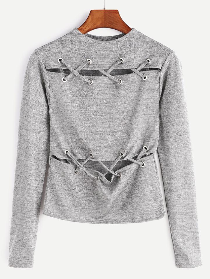 Shein Heather Grey Crew Neck Cutout Front Lace Up T-shirt