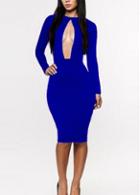 Rosewe Hollow Design Long Sleeve Blue Sheath Dress
