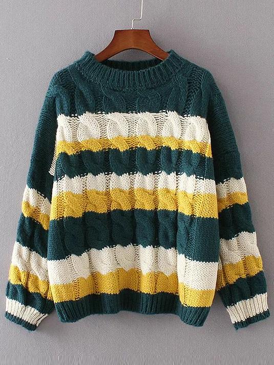 Shein Dark Green Color Block Cable Knit Sweater