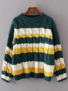 Shein Dark Green Color Block Cable Knit Sweater