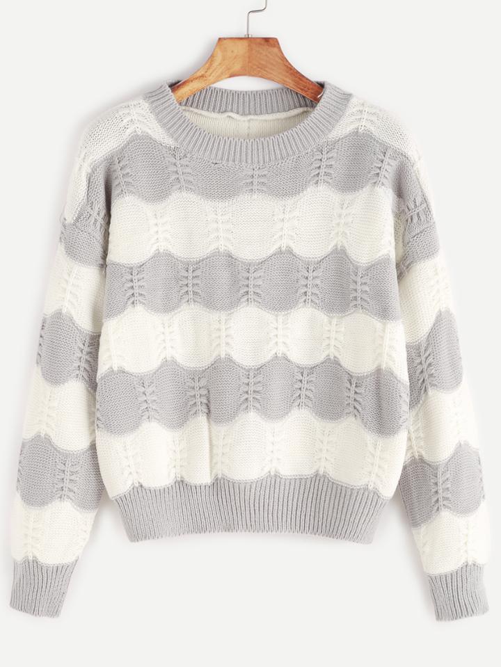 Shein Contrast Wave Pattern Drop Shoulder Crop Sweater