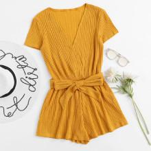 Shein Self Tie Waist Ribbed Wrap Romper
