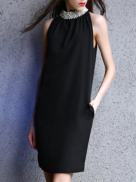 Shein Black Halter Beading Pockets Dress