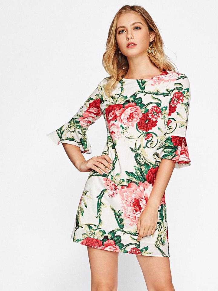 Shein Flower Print Trumpet Sleeve Dress