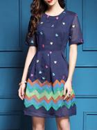 Shein Blue Flowers Embroidered Color Block Dress