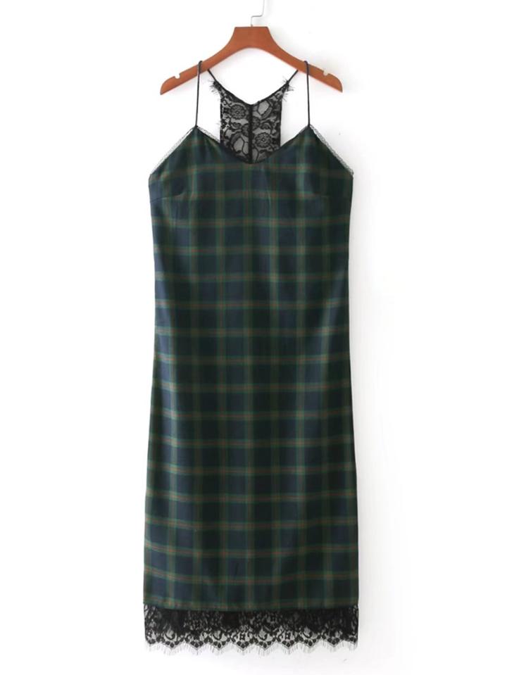 Shein Eyelash Lace Hem Plaid Cami Dress