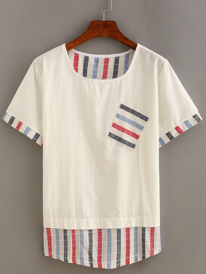 Shein Striped Trimmed Pocket T-shirt