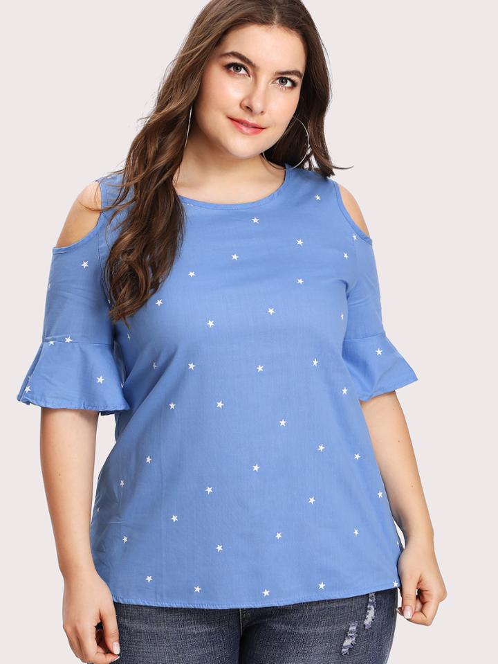 Shein Flounce Sleeve Open Shoulder Blouse