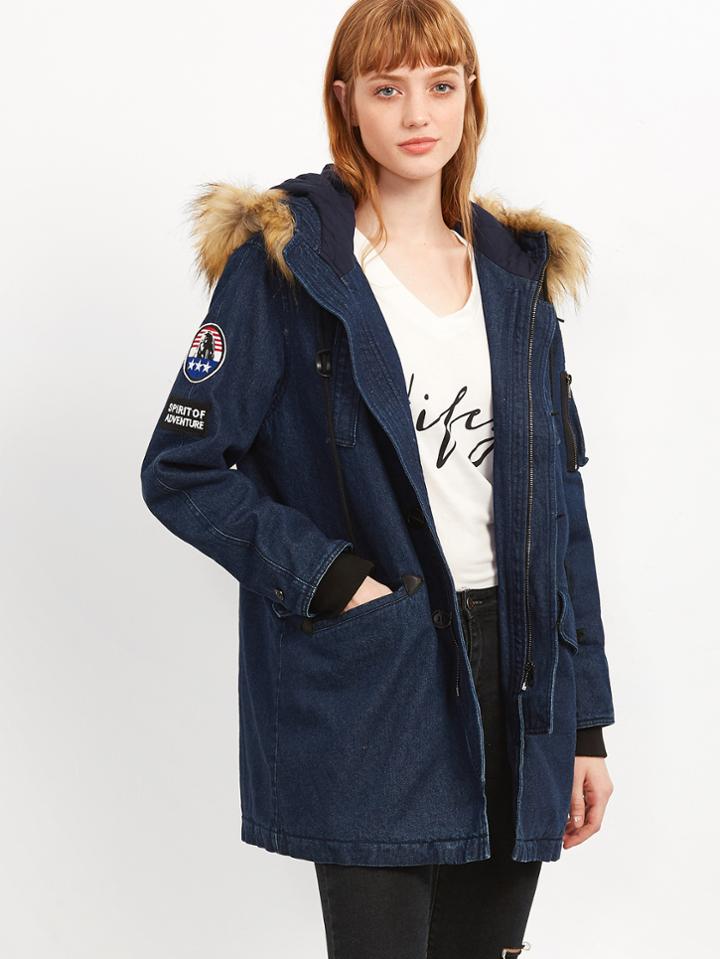 Shein Navy Utility Denim Coat With Faux Fur Hood