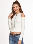Shein White Ribbed Knit Open Shoulder Zip Up Sweater