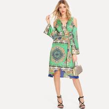 Shein Graphic Print Cold Shoulder Belted Wrap Dress