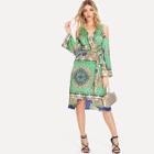 Shein Graphic Print Cold Shoulder Belted Wrap Dress