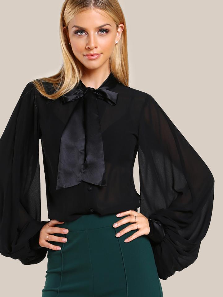 Shein Tie Neck Bishop Sleeve Blouse