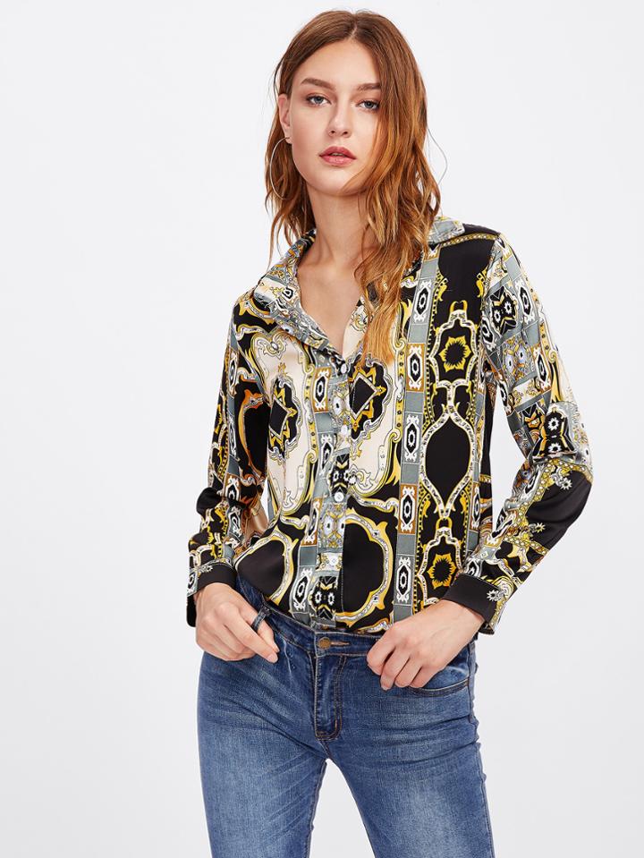 Shein Ornate Print Curved Hem Shirt
