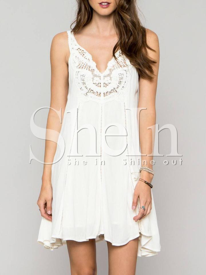 Shein White Spaghetti Strap Backless Crochet Lace Dress