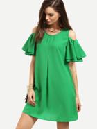 Shein Green Cold Shoulder Ruffle Sleeve Shift Dress