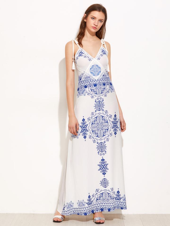 Shein Porcelain Print Tassel Tie-strap Lace Trim Dress