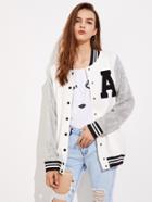 Shein A Patch Sequin Sleeve Stripe Trim Baseball Jacket