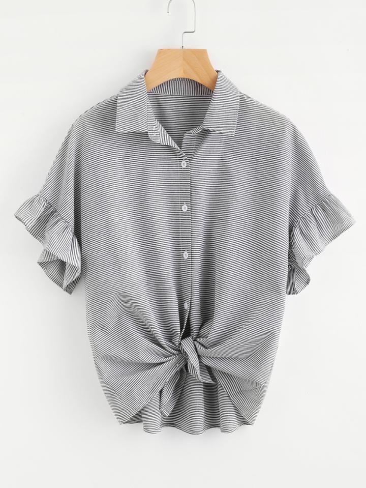 Shein Ruffle Cuff Drop Shoulder Striped Blouse