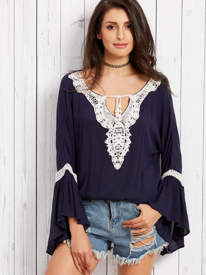 Shein Fluted Sleeve Crochet Contrast Blouse
